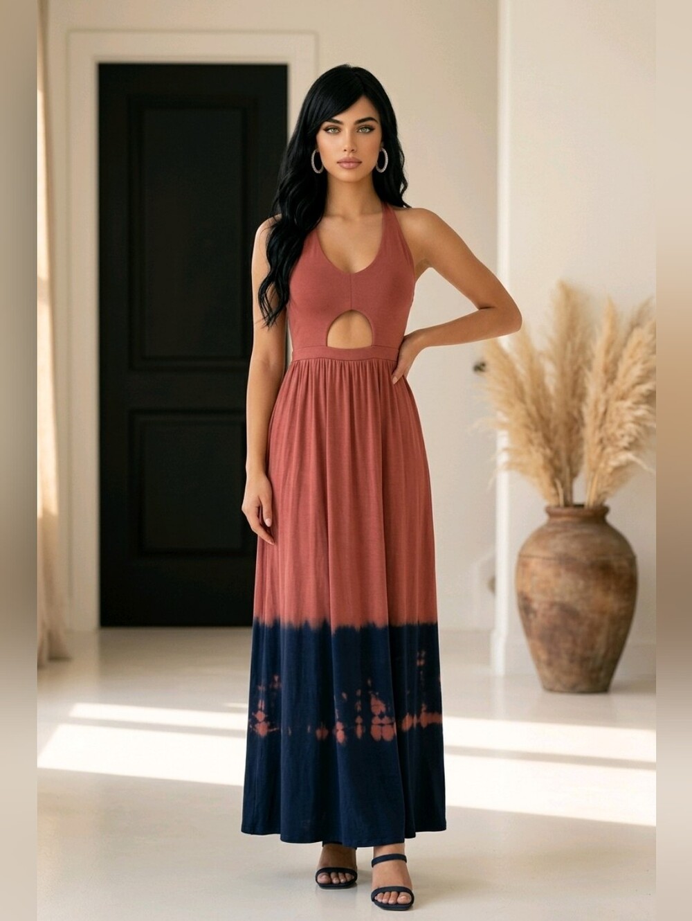 Go Couture Rust and Navy Maxi Dress with Front Keyhole